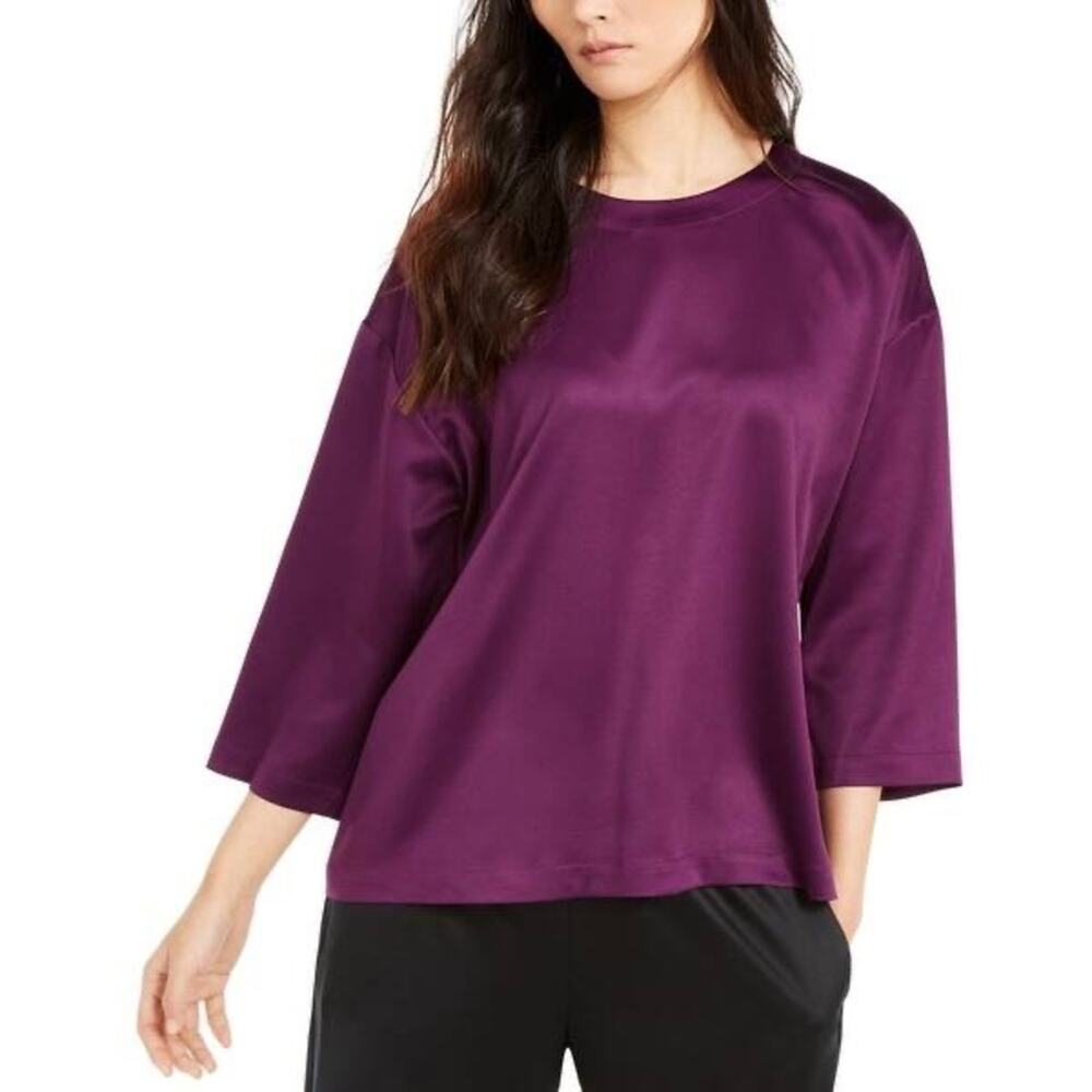 Eileen Fisher Purple Satin Ballet Neck Blouse Size S